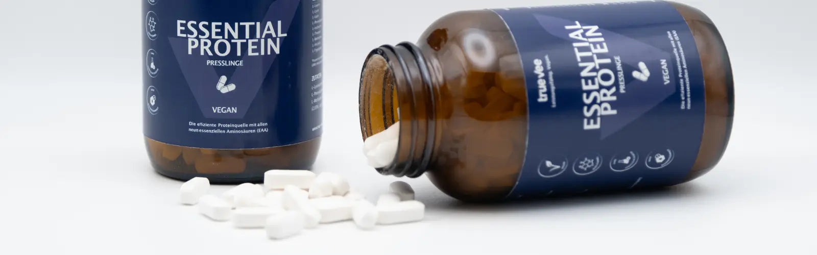 True Vee Essential Protein Presslinge – vegane EAA-Tabletten in braunen Gläsern