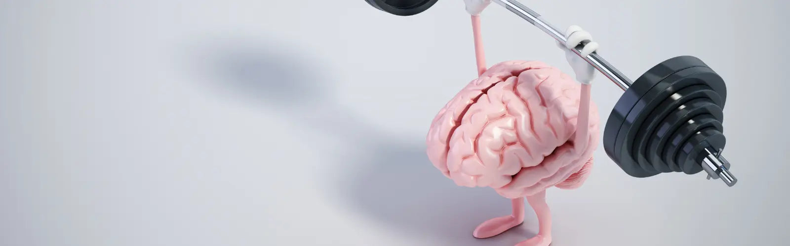 3D-Darstellung eines Gehirns, das eine Hantel stemmt – Symbol für mentale Stärke und Fitness