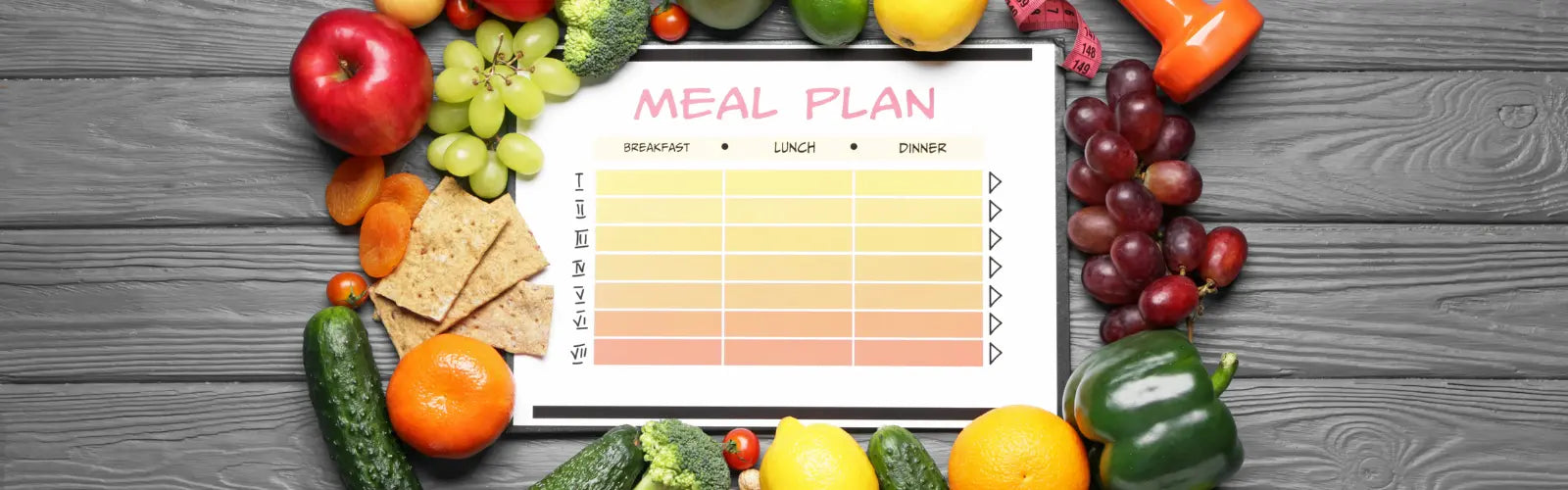 Meal Plan mit Angabe zu Frühstück, Mittag und Abendessen umrandet mit Gemüse und Obst